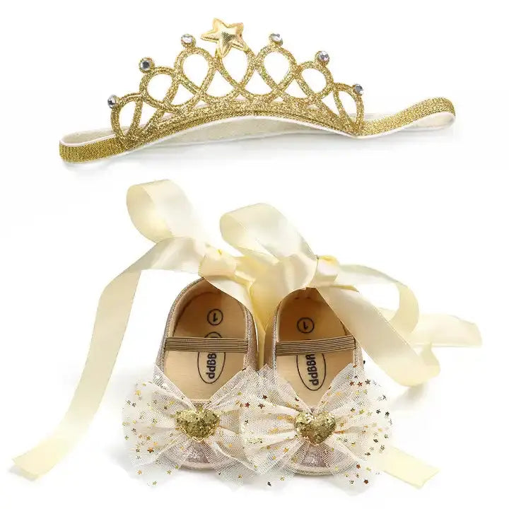 Baby shoes girl | 2pcs Baby Girls Mary Jane Flat Shoes With Bowknot Decor & Crown Headband - Baby Bliss