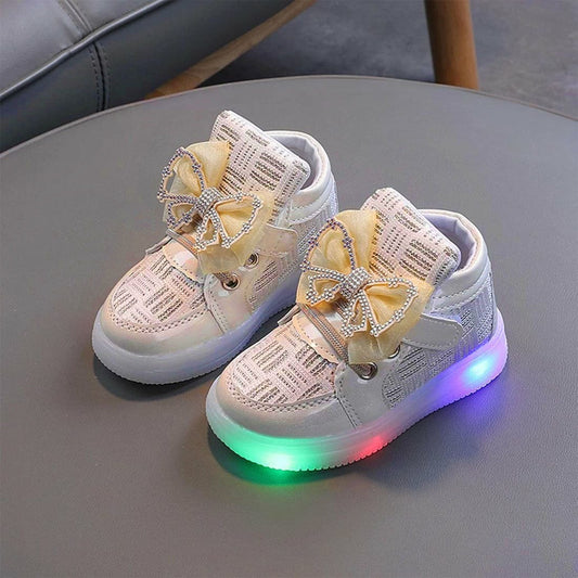 Toddler Girls' LED Light-Up Sneakers with Bowknot - Stylish Gold Shoes for Christmas & Birthdays 