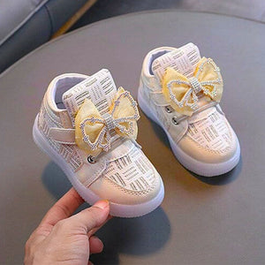 Toddler Girls' LED Light-Up Sneakers with Bowknot - Stylish Gold Shoes for Christmas & Birthdays 