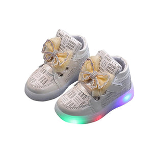 Toddler Girls' LED Light-Up Sneakers with Bowknot - Stylish Gold Shoes for Christmas & Birthdays 